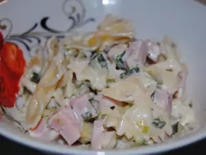 Nudelsalat mit Mayonnaise, Wurst und Gurken