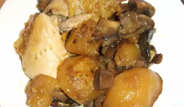 Brathähnchen mit Kartoffeln, Champignons und Knoblauch