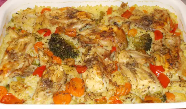 Hähnchen mit Reis und Gemüse im Backofen