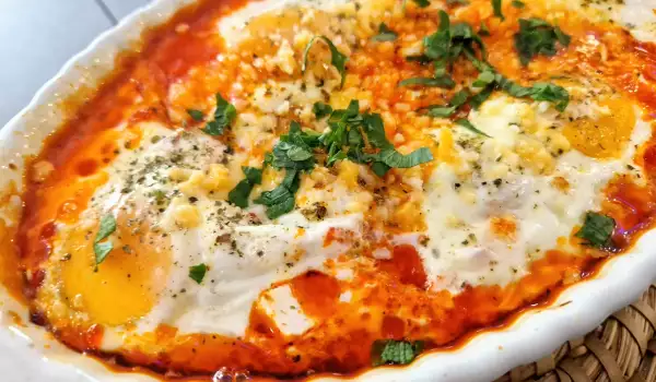 Ländliches Gericht mit Eier, Tomatensoße und Paprika