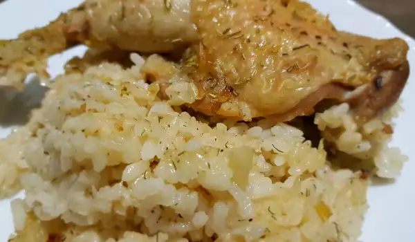 Hähnchenschenkel mit Reis, Lauch und Rosmarin