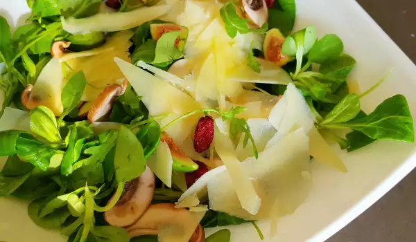 Grüner Salat mit aromatischem Käse, Feigen und Pilzen