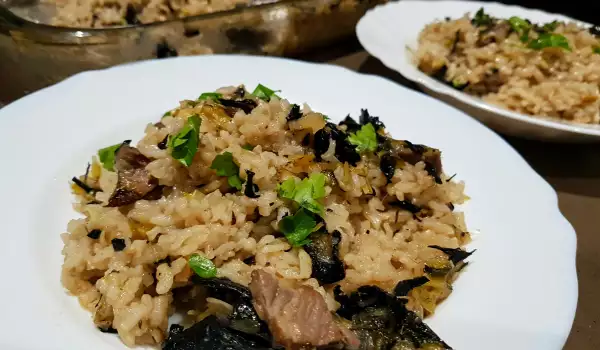 Reis aus dem Ofen mit Kalbfleisch, Herbsttrompete Pilzen und Lauch