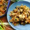Schweinefleisch mit Bulgur, Spinat und Pilzen