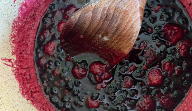 Marmorkuchen mit hausgemachter Heidelbeer- und Himbeermarmelade